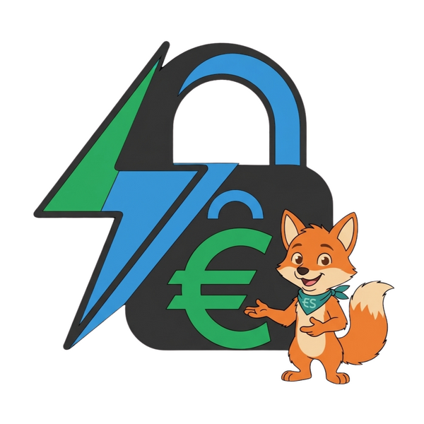 Strom sparen und sichere Energieverträge – Symbol mit FUCHSY Strom sparen und sichere Energieverträge – Symbol mit FUCHSY